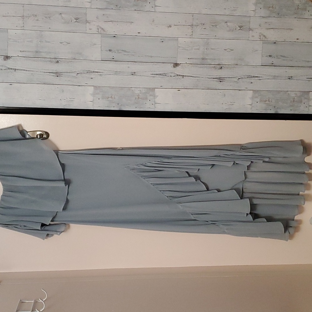MuMu One Shoulder Tango Ruffle Gown In Steel Blue Chiffon